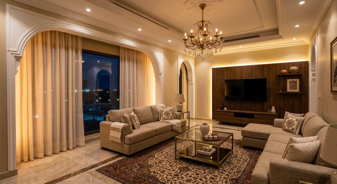 6. الإضاءة المسائية: سبوت وثريا وشريط LED