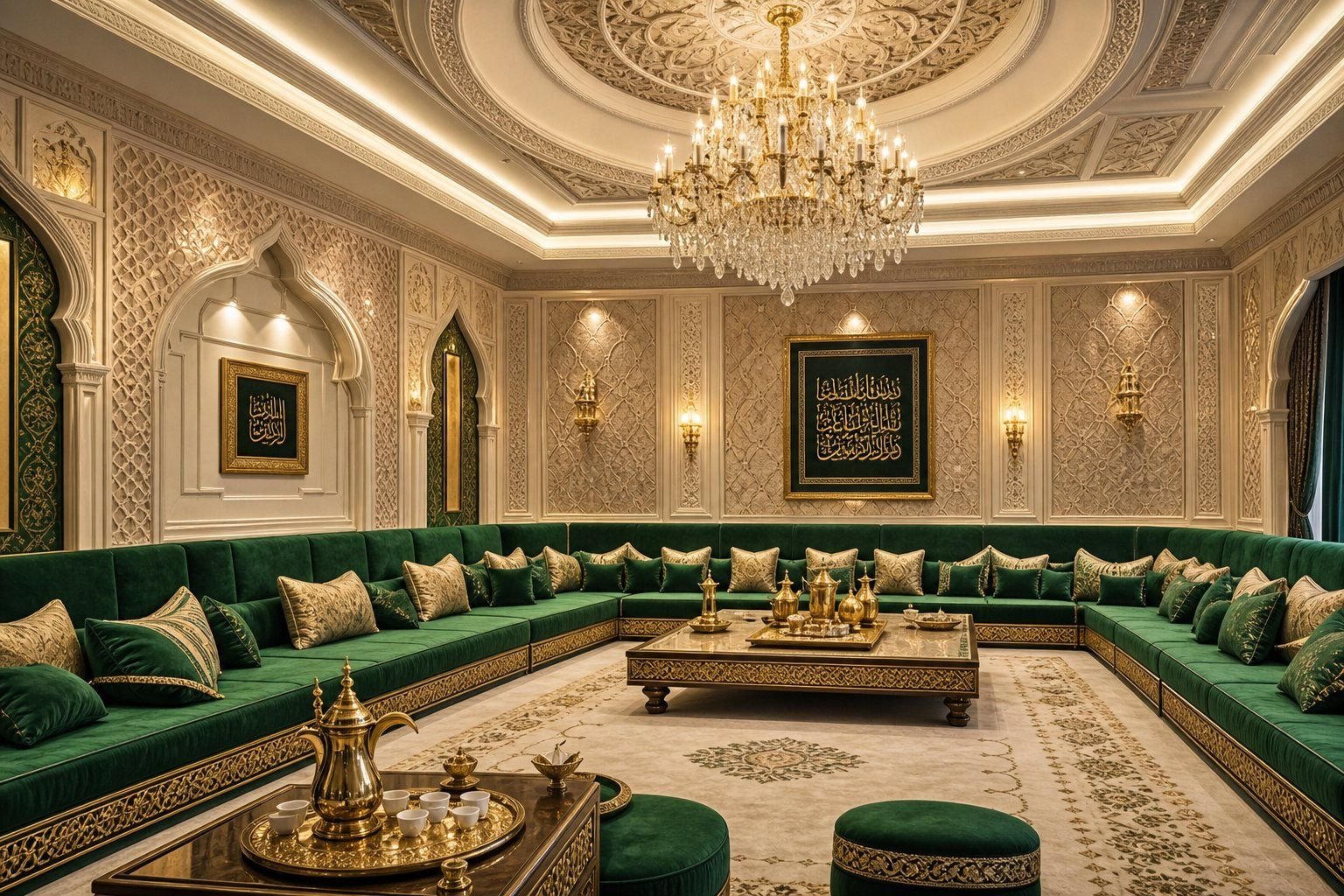 ديكور المجلس السعودي الفاخر 2026 — الزمرد والذهب والجص المحفور
