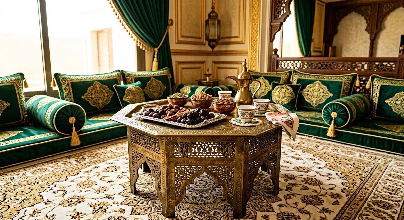 3. طاولات القهوة النحاسية وسط السجادة