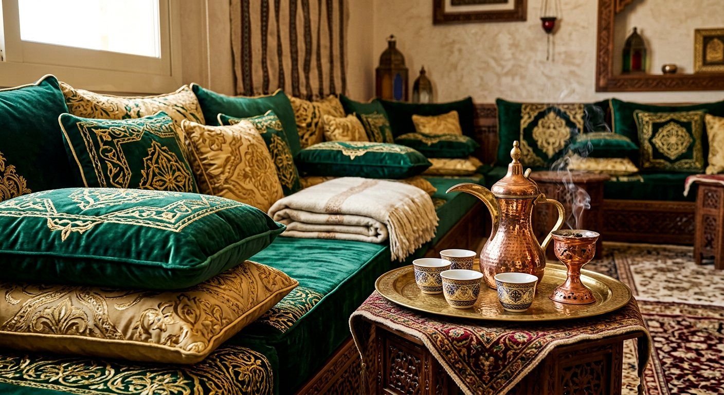 6. الوسائد والدلّة والصينية — اللمسة الأخيرة